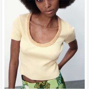 ZARA Pale Yellow Scoop Neck Crop Top with Pearl Trim